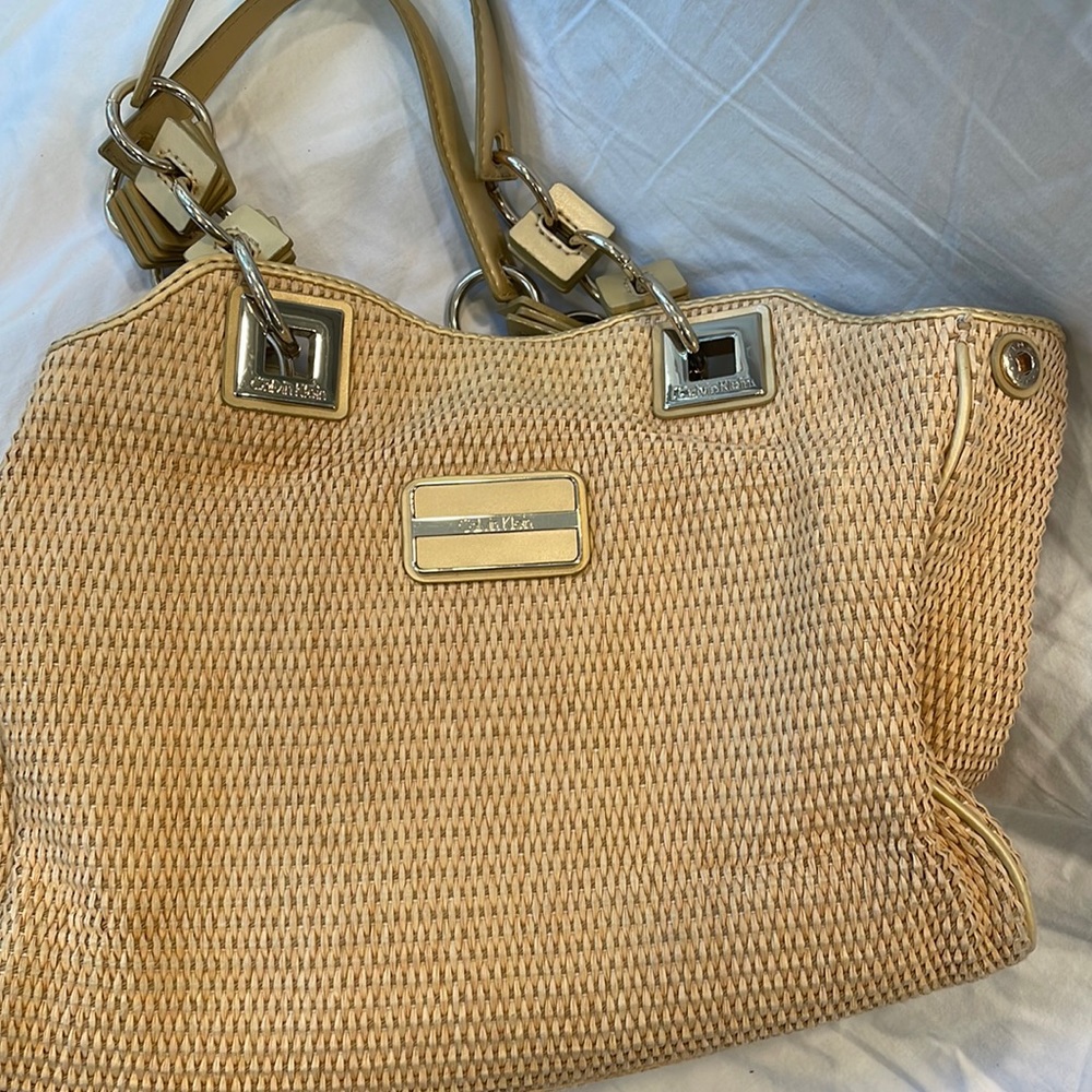 Calvin Klein summer straw bag with gold interior and chain handles